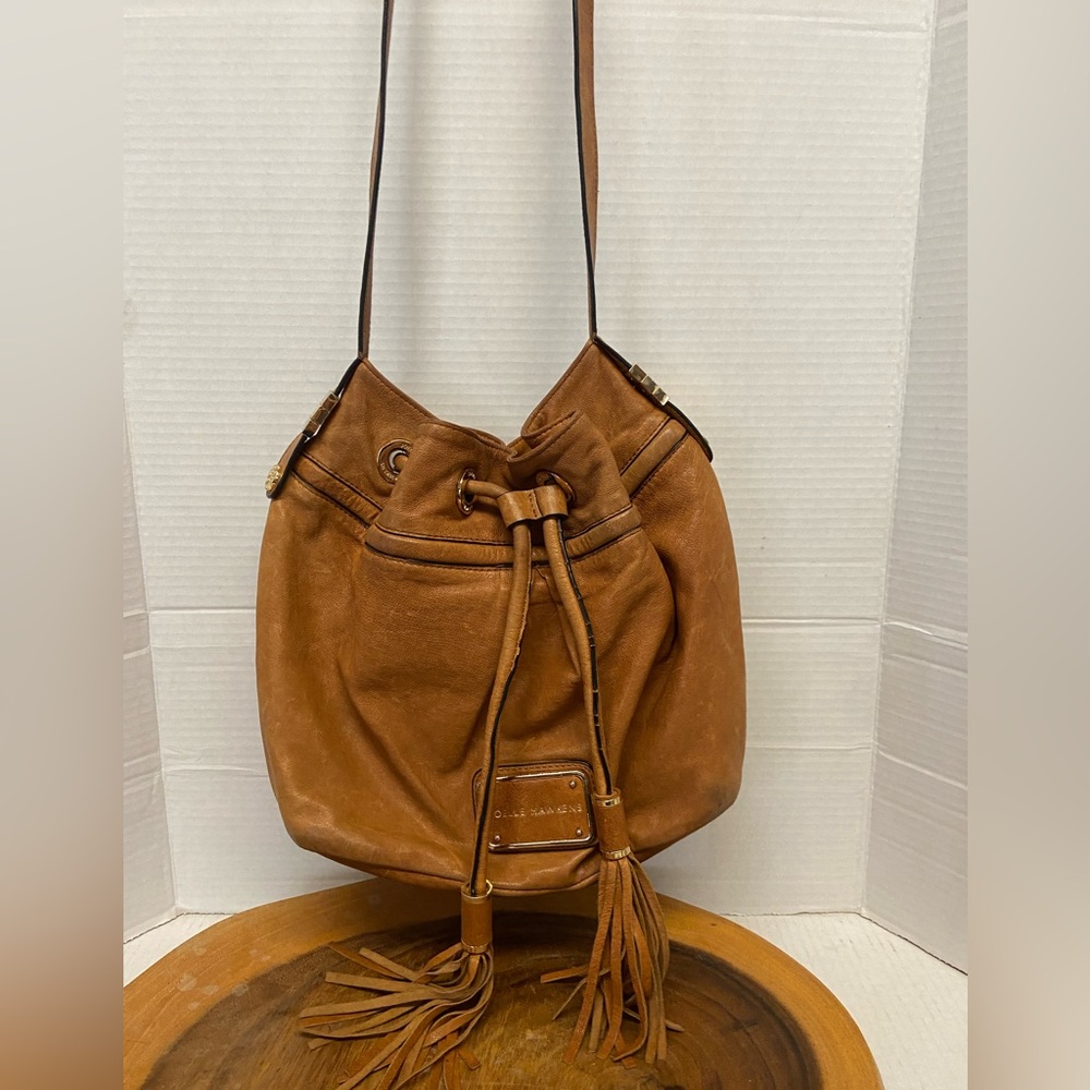 Joelle Hawkens Soft Smooth Caramel Color Leather Drawstring Bucket Bag